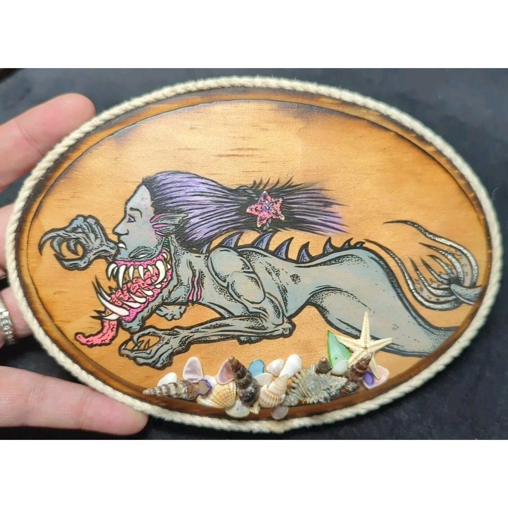 Hand Painted Siren Mermaid Demon Scary Nautical Plaque Unique One Of A Kind